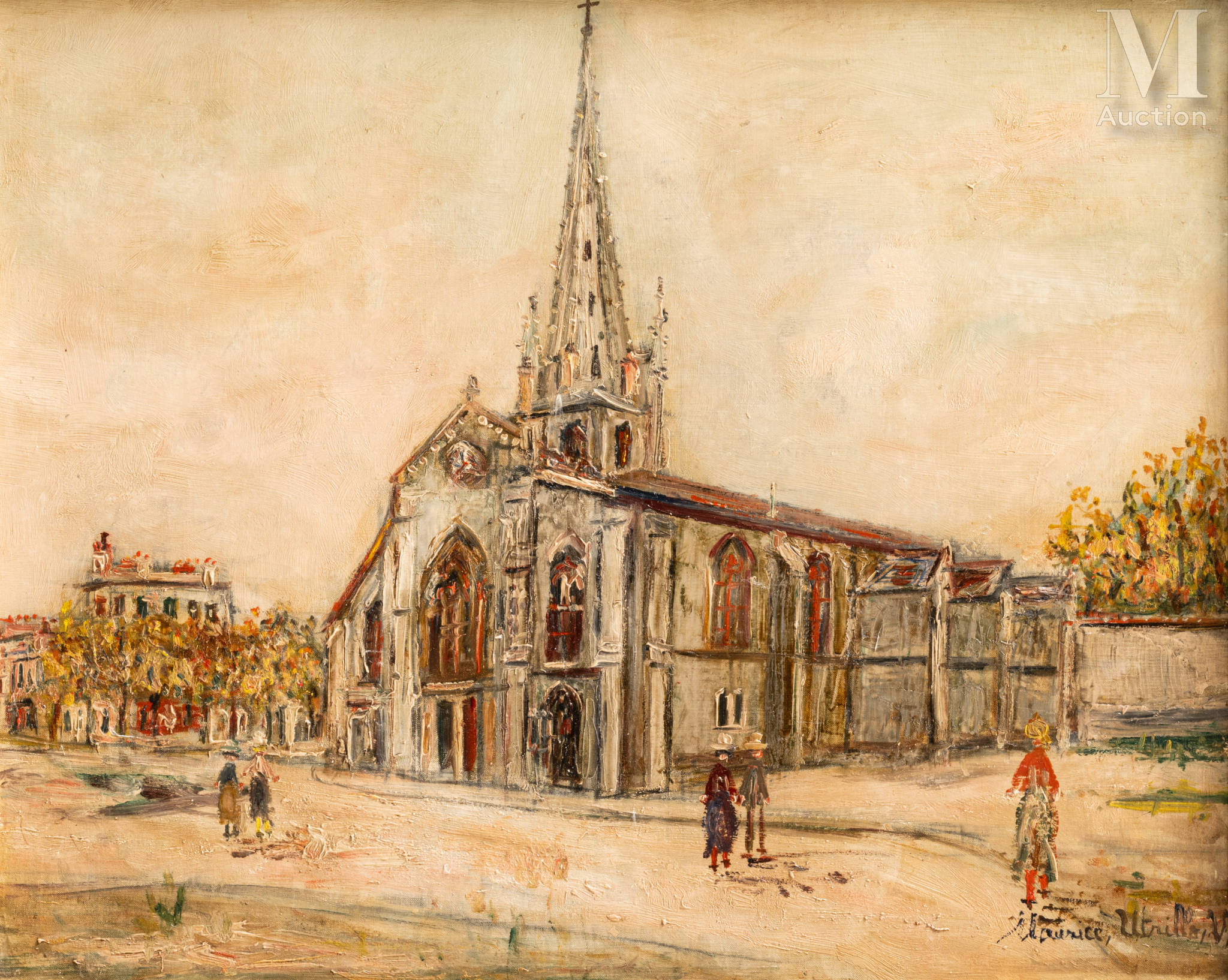 Maurice UTRILLO (1883-1955) "Place de l'église animée de promeneurs" Huile sur toile d'origine, adjugé 38 000 €